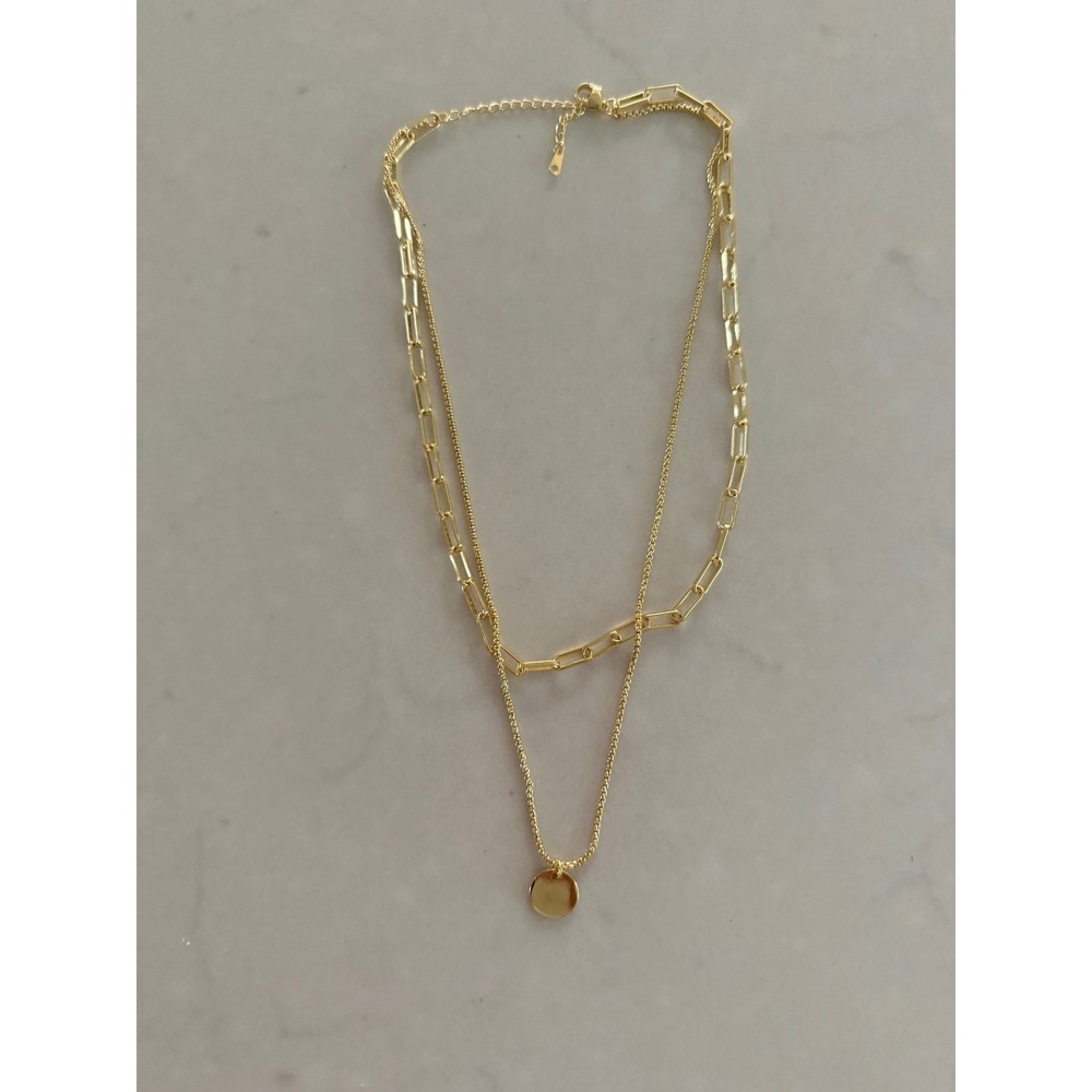 Layered Gold Tone Paperclip Chain and Disc Pendant Necklace Set Adjustable